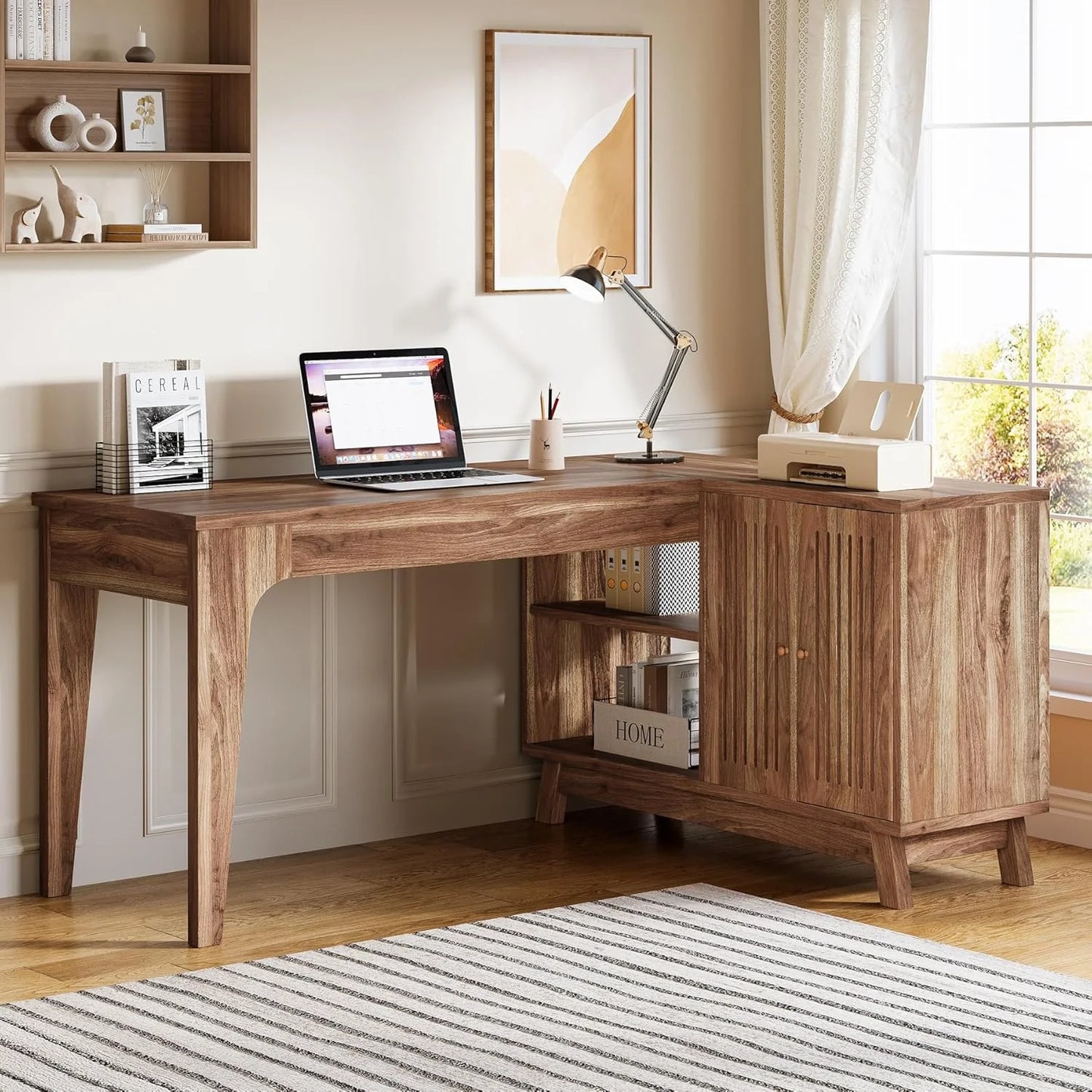 Tribesigns 57-Inch Wood L-Shaped Corner Computer Desk for Home Office, Walnut
