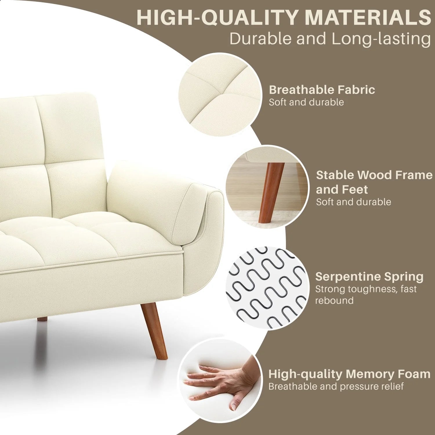 75.39 Inch Futon Sofa Bed-Convertible Couch Loveseat Sleeper for Living Room, Bedroom, Studio, Apartment, Dorm, Home Office Cream