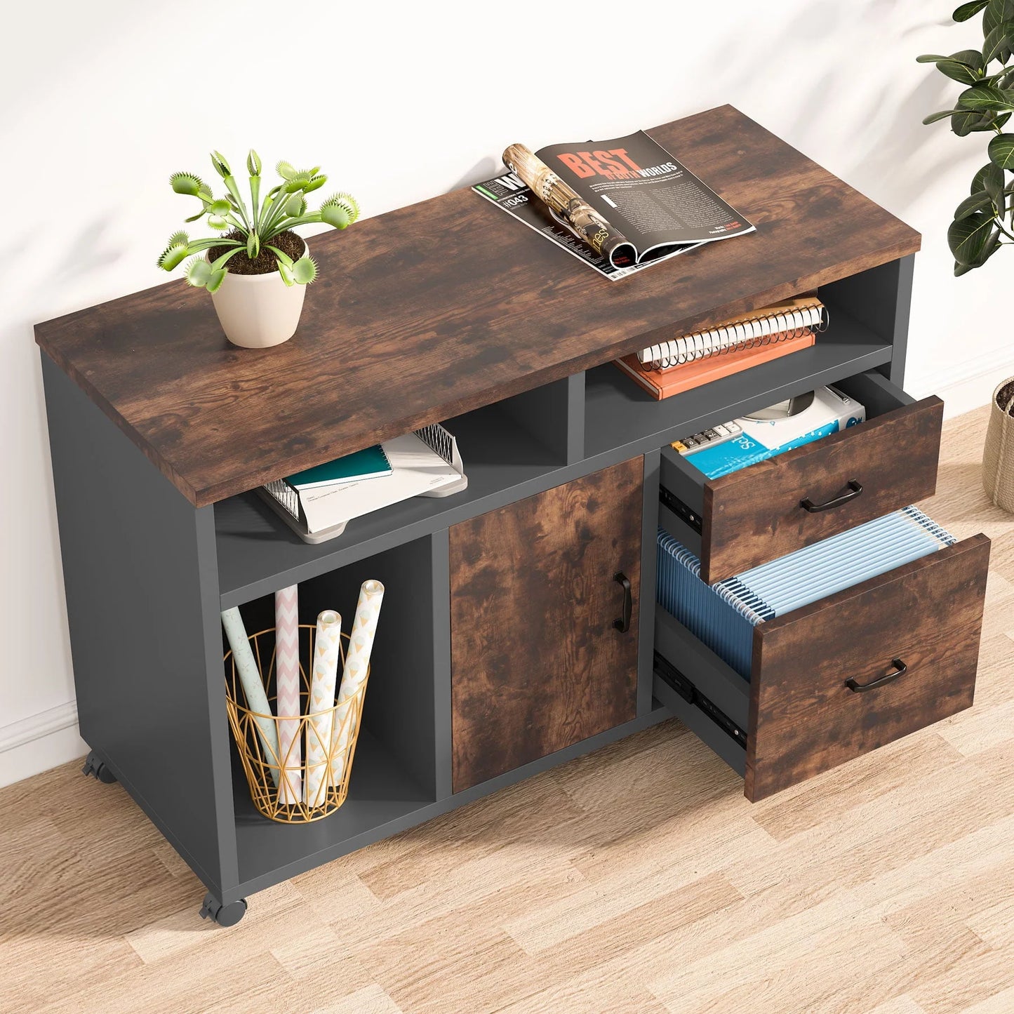 L-Shaped Computer Desk, 55 inches Executive Office Desk with File Cabinet and Power Outlet, Table Writing Desk with Drawers and Shelves, Business Furniture Set for Home Offices