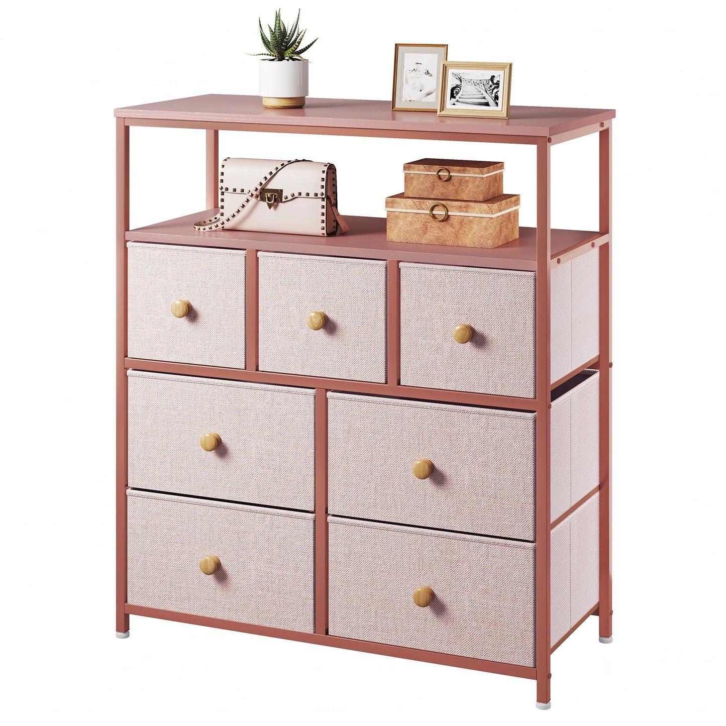 EnHomee Dressers for Bedroom with 7 Drawers Pink Dresser Fabric Chest of Drawers with Shelves Portable Storage Tower Small Dresser for Living Room Nursery Guest Room