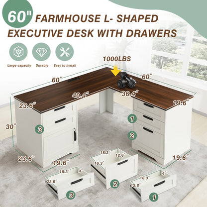 Haverchair 60" Executive L Shaped Desk with Drawers, Farmhouse Home Office Desk with Charging Station, Wood Corner Computer Desk with File Cabinet, Writing Computer Desk for Work and Study