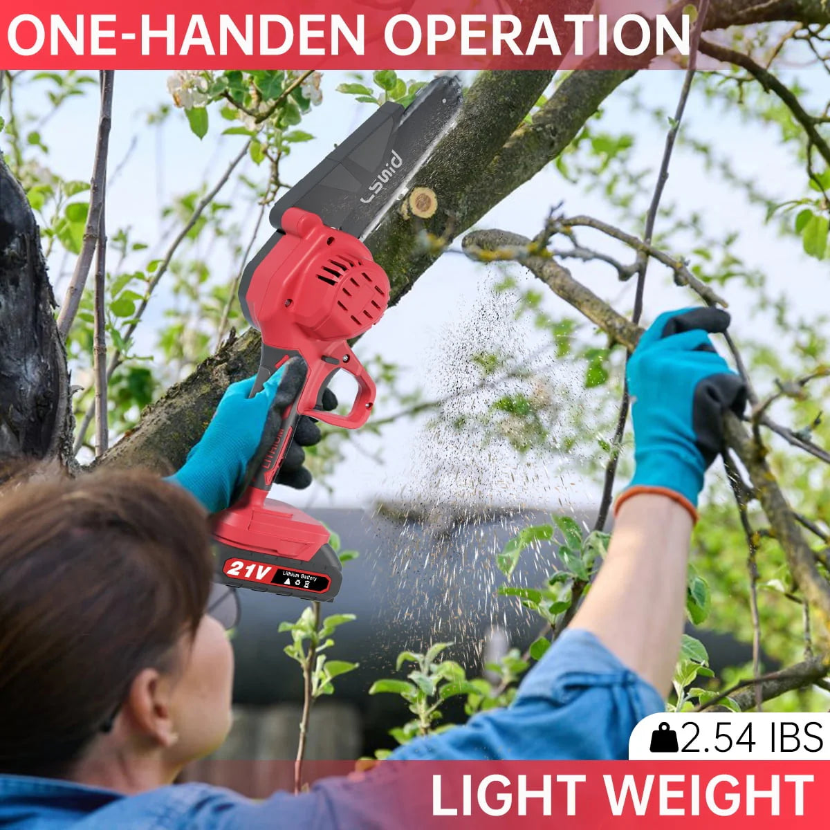 Mini Chainsaw 6 Inch Cordless, 2023 Upgrade Cordless Small Chainsaw, Battery Powered Hand Saw With Security Lock for Trees Branches Trimming Wood Cutting (2Pcs Batteries and 2Pcs Chains), Red