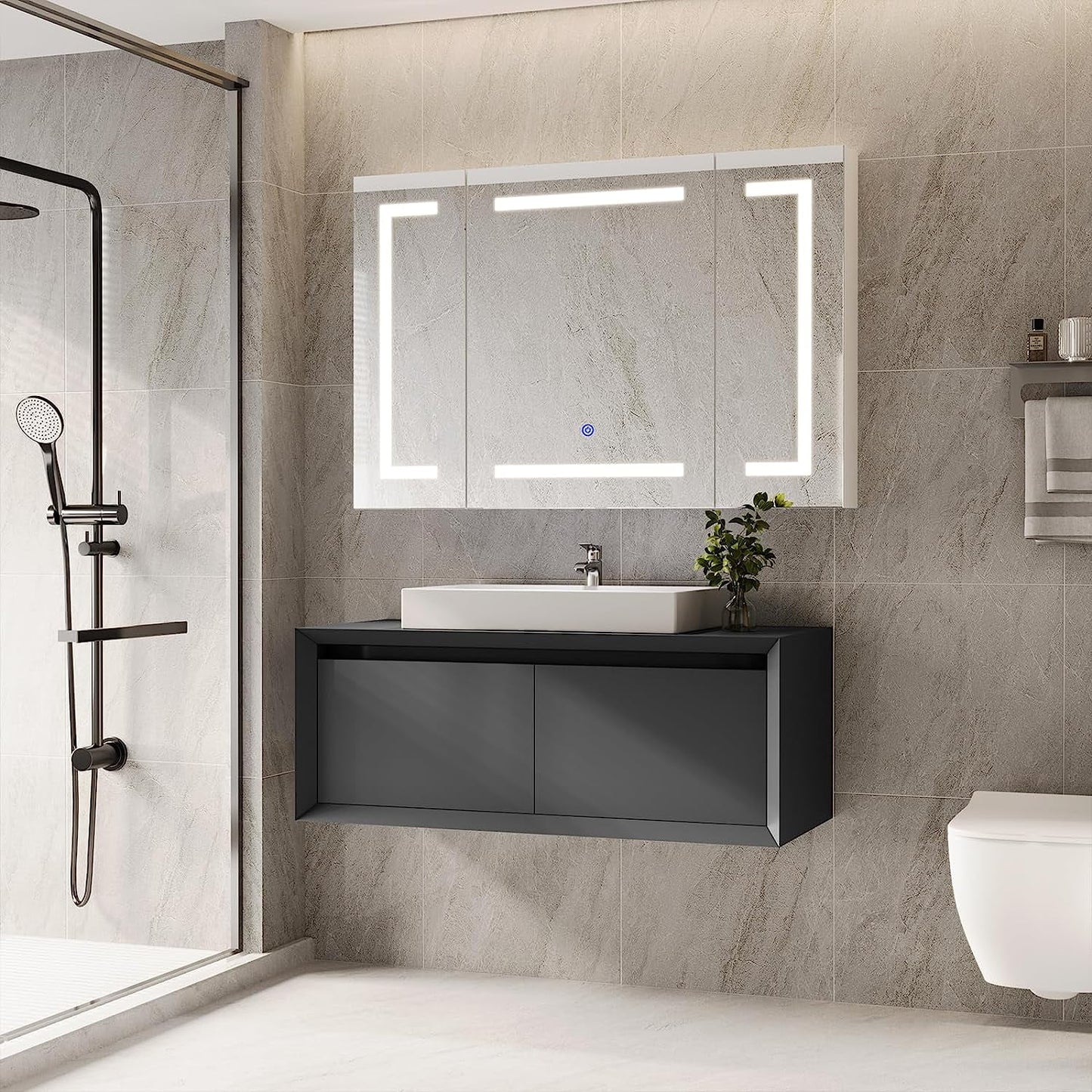 Lighted Medicine Cabinet with Mirror& LED Light for Bathroom,Wall Mounted Bathroom Mirror Cabinet with Storage and 2 Outlet and 3 Doors for Home, White, 39.4" x 23.6"
