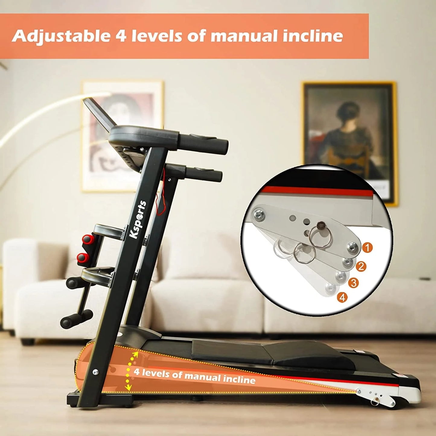 Ksports Treadmill Bundle Comprising of Electric Treadmill with 4 Incline Positions, Pneumatic Folding, Sit Ups Rack, Ab Mat & Dumb Bells with Smart Apps for Home Office Gym or Small Spaces