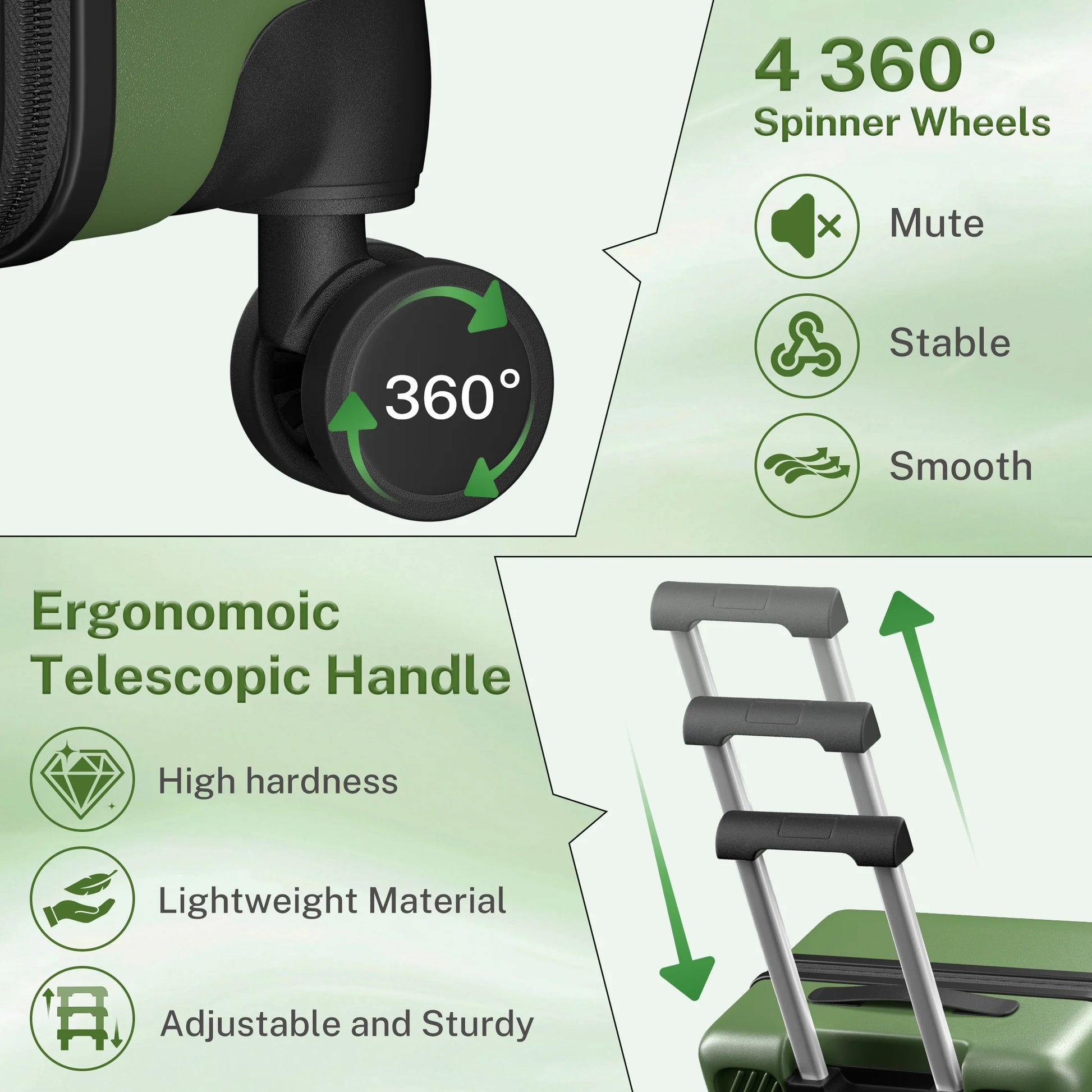 Luggage Sets 3 Piece Carry on Luggage with Spinner Wheels Hardshell Durable Suitcase with TSA Lock 20 24 28 inch Green