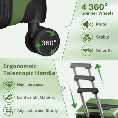 Luggage Sets 3 Piece Carry on Luggage with Spinner Wheels Hardshell Durable Suitcase with TSA Lock 20 24 28 inch Green