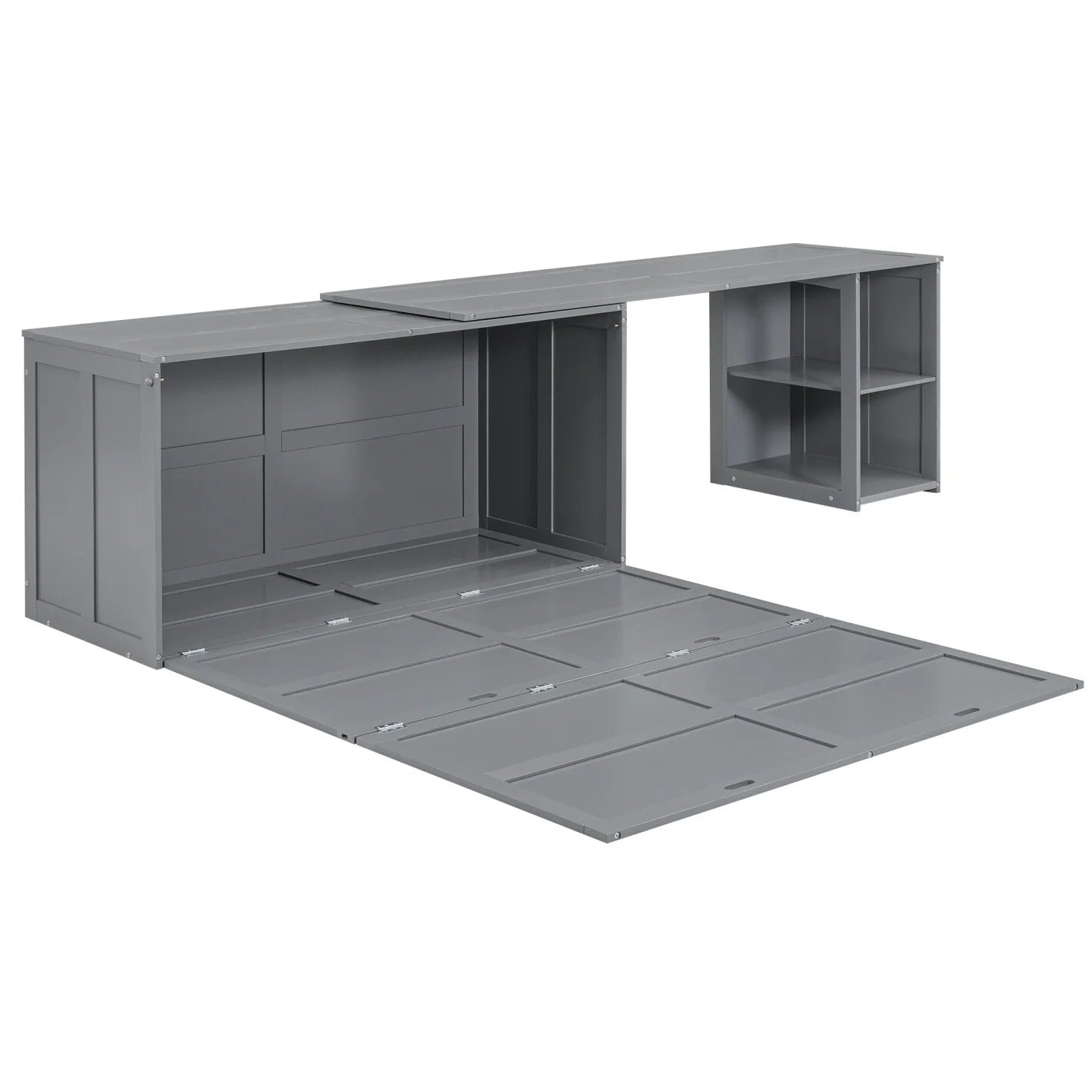 \ Queen Size Multi-Functional Cabinet,Wooden Foldable Platform BedFrame with Rotable Desk and Storage Shelves,Space-Saving Floor Bed Cabinet for Guest Room Home Office,Easy to Assemble,Gray