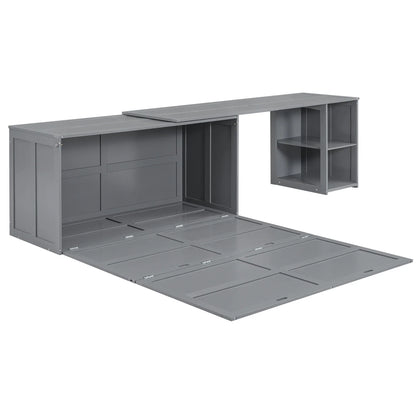 \ Queen Size Multi-Functional Cabinet,Wooden Foldable Platform BedFrame with Rotable Desk and Storage Shelves,Space-Saving Floor Bed Cabinet for Guest Room Home Office,Easy to Assemble,Gray