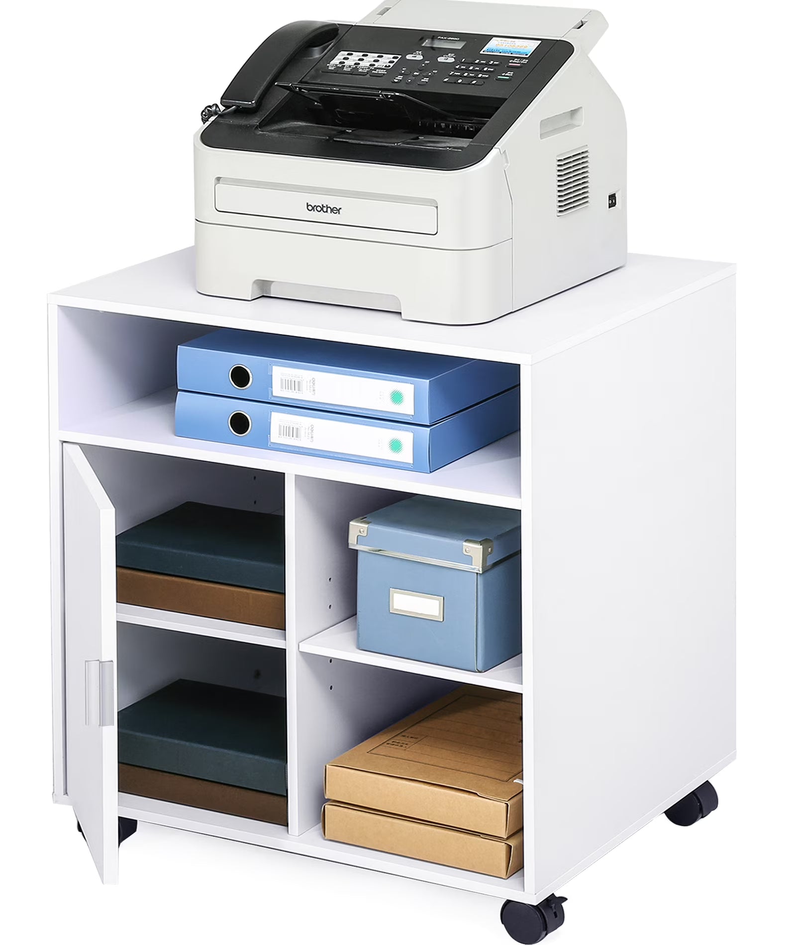 FITUEYES Printer Stand with Storage Adjustable Shelves, Wood Mobile Cart with Door, Rolling File Cabinet on Wheels for Home Office, Black