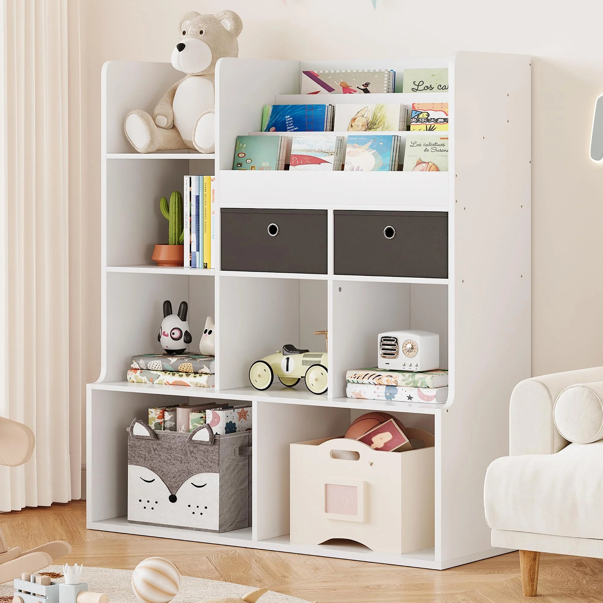 Toy Storage Organizer 47.8in Kids Bookshelf with Drawers Modern Bookcase with Cubbies Floor Storage Cabinet Wooden Toy Chest Playroom, Classroom, Nursery, Kids Room (White)