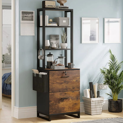 2 Drawer File Cabinet with Lock& Storage Bag,Rustic Home Office Filing Cabinets with Adjustable Storage Shelf,Brown