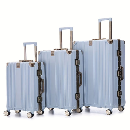 The luggage set is expandable into three sets, with an aluminum frame, password lock and double wheels, suitable for travel, business trips and school (20/24/28 IN)