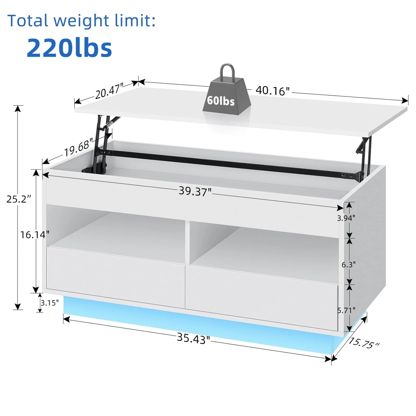 Hommpa Lift Top Coffee Table with 2 Drawers High Gloss Rectangle White Coffee Table with LED Lights and Hidden Storage for Living Room Home Office Center Cocktail Tables 25.19" Height