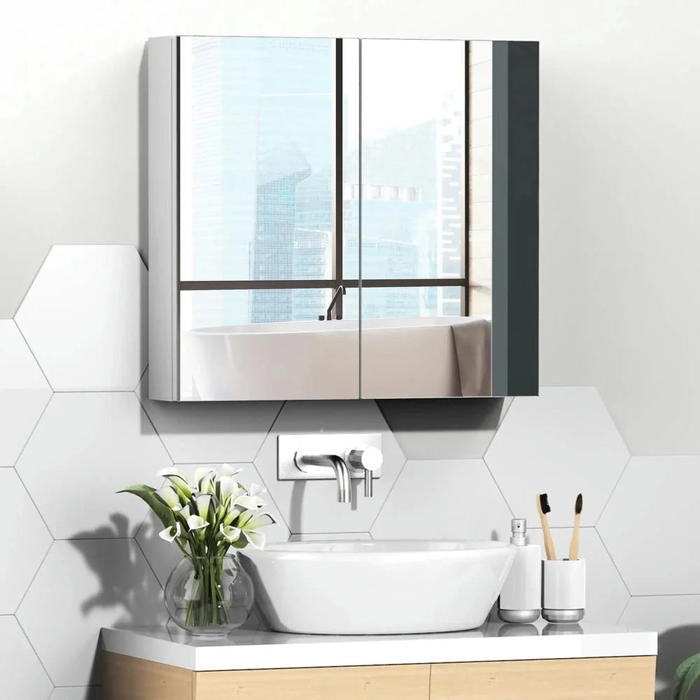 Barara King Bathroom Mirrored Cabinet, 24"x22" Steel Frame Medicine Cabinet, Wall-Mounted Storage Organizer with Double Doors, White