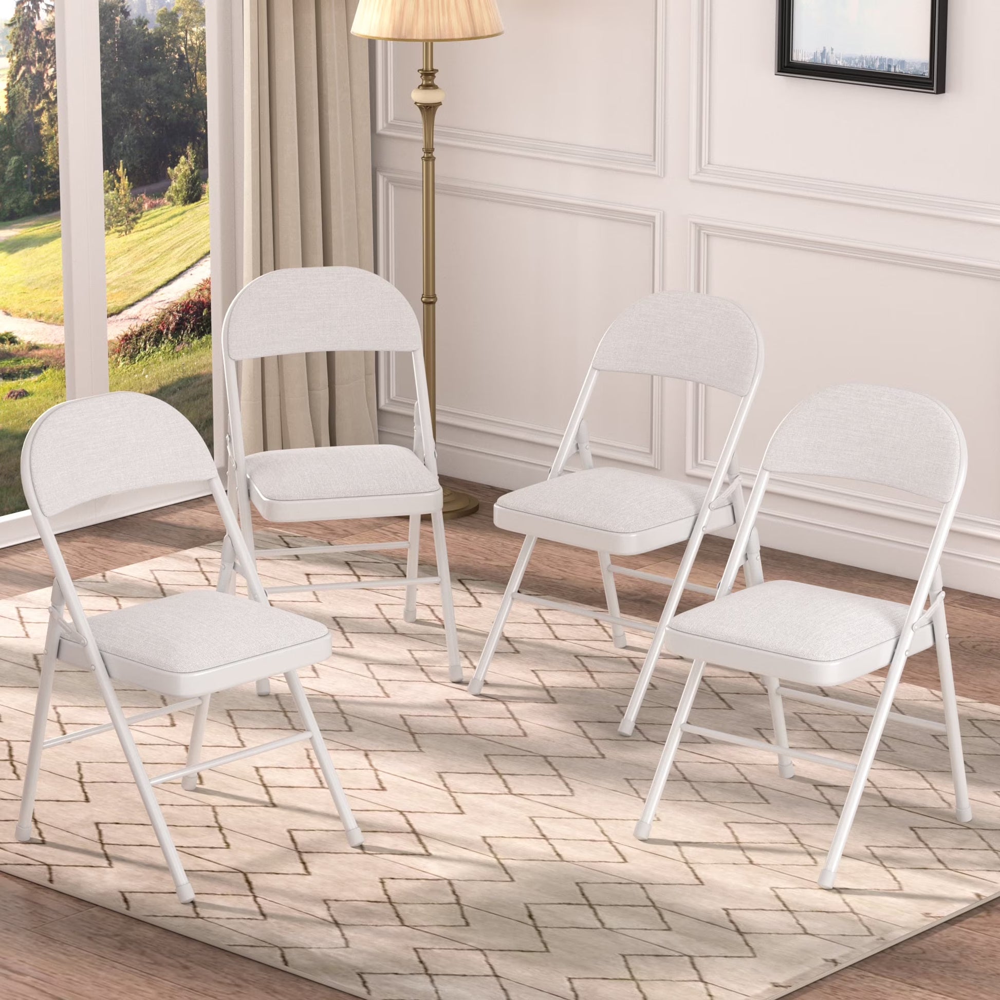 VECELO Set of 4 Folding Chairs, Fabric Dining Chair Set with Padded Cushion and Back, Indoor Outdoor Upholstered Seat with Metal Frame for Home Office Events Wedding Party, Orange