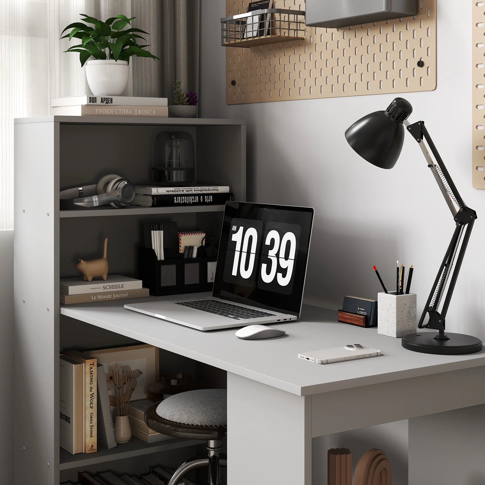 HOMCOM Modern Compact Computer Desk with 6-Tier Storage Shelves, Writing Table Workstation with Bookshelf for Home Office, Gray