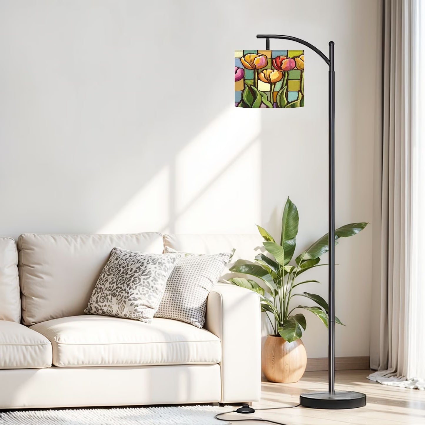 Arc Floor Lamp, 3 Color Temperatures Modern Floor Lamps Flowes Flower Floral Oil Adjustable Tall Standing Reading Lamp with Linen Texture Shade for Living Room, Bedroom, Office