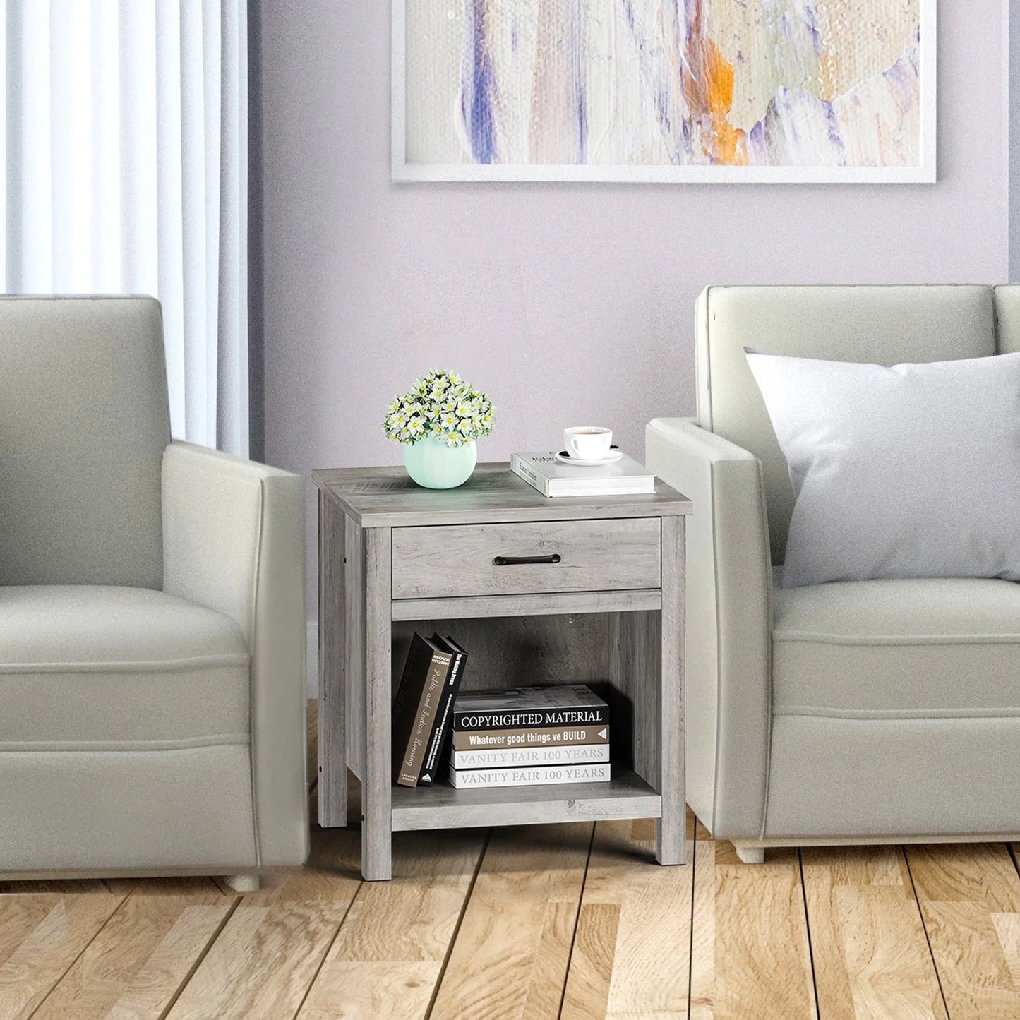 Wooden Nightstand Side Table, Bedside Table End Table for Bedroom Nursery Living Room with Storage Drawer, Rustic Grey