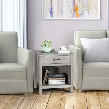 Wooden Nightstand Side Table, Bedside Table End Table for Bedroom Nursery Living Room with Storage Drawer, Rustic Grey