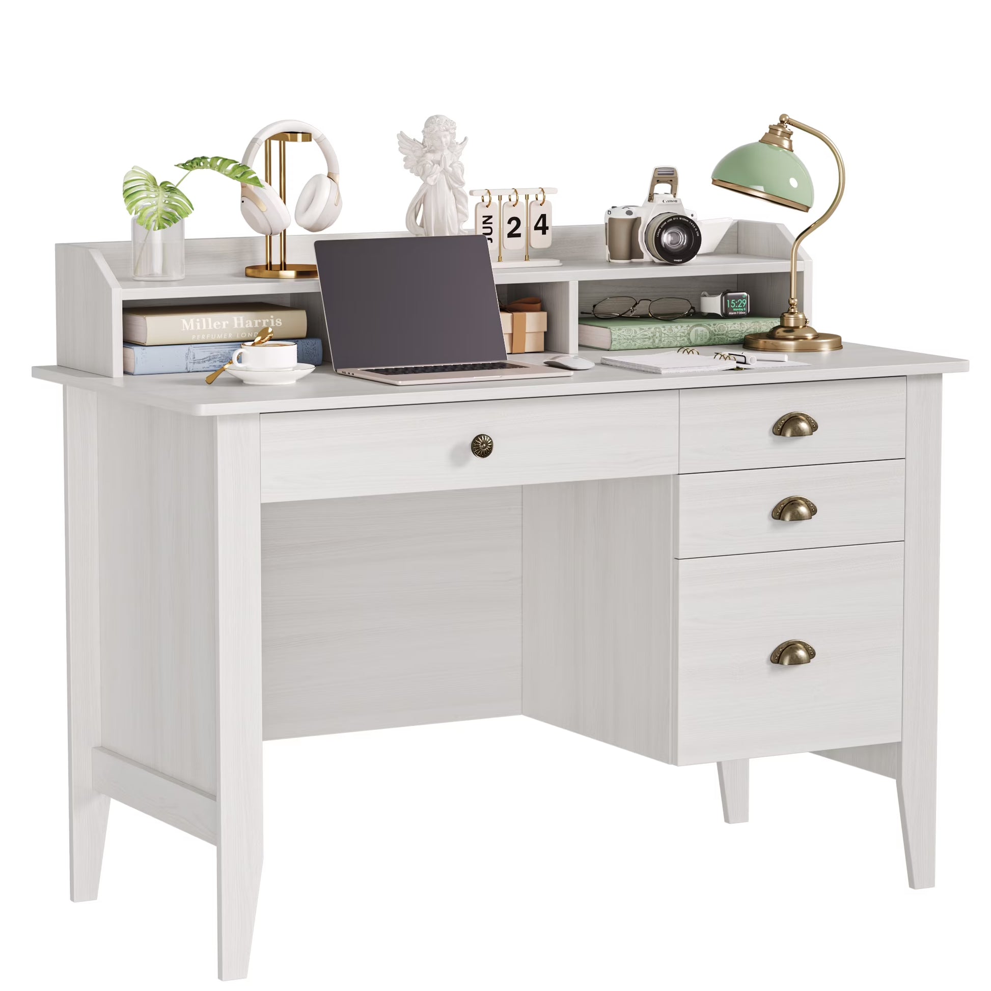 Homfa 47 in Computer Desk, Home Office Writing Table with 4 Drawers and Hutch Shelf, Oak White