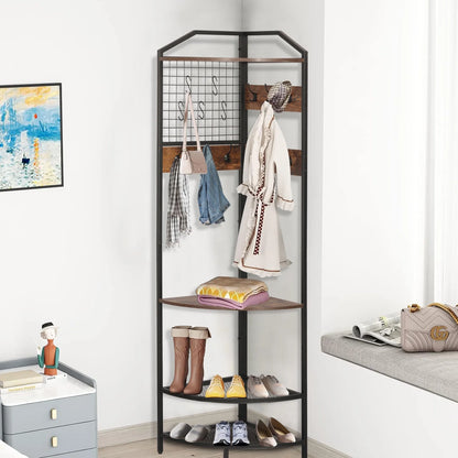XXLYY Corner Coat Rack with Shoe Storage, Multifunctional Entryway Corner Shoe Rack with 14 Metal Hooks, Freestanding Corner Hall Tree Shelf Organizer for Home Office Bedroom