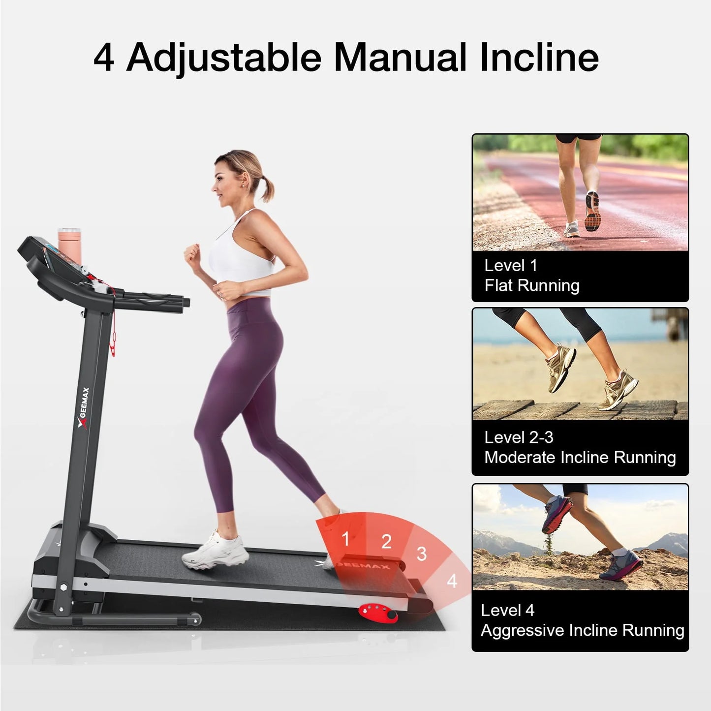 GEEMAX Electric Motorized Treadmill with 4 Incline Levels, Speakers, bluetooth, APP Control, LCD and Pulse Monitor for Home Office Walking Running , 220 LB Max Weight - T12C5