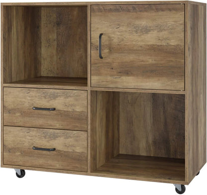 Homfa Lateral File Cabinet with 2 Drawers, Printer Stand with Storage Shelves, Large Mobile Filing Cabinet, Functional Wood Cabinet for Home Office with Wheels, Rustic Brown