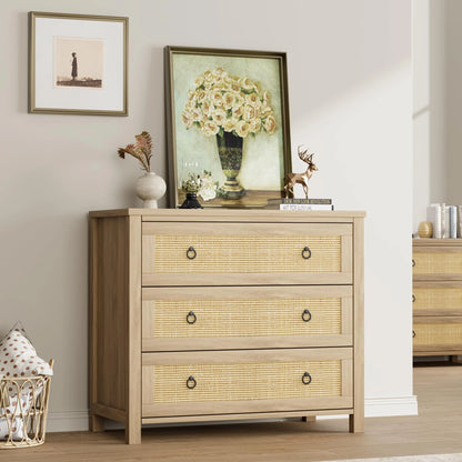 Yeshouse Boho 6-Drawer Dresser with Rattan Accents, Modern Chest of Drawers with Ring Handles & Deep Storage for Bedroom, Living Room