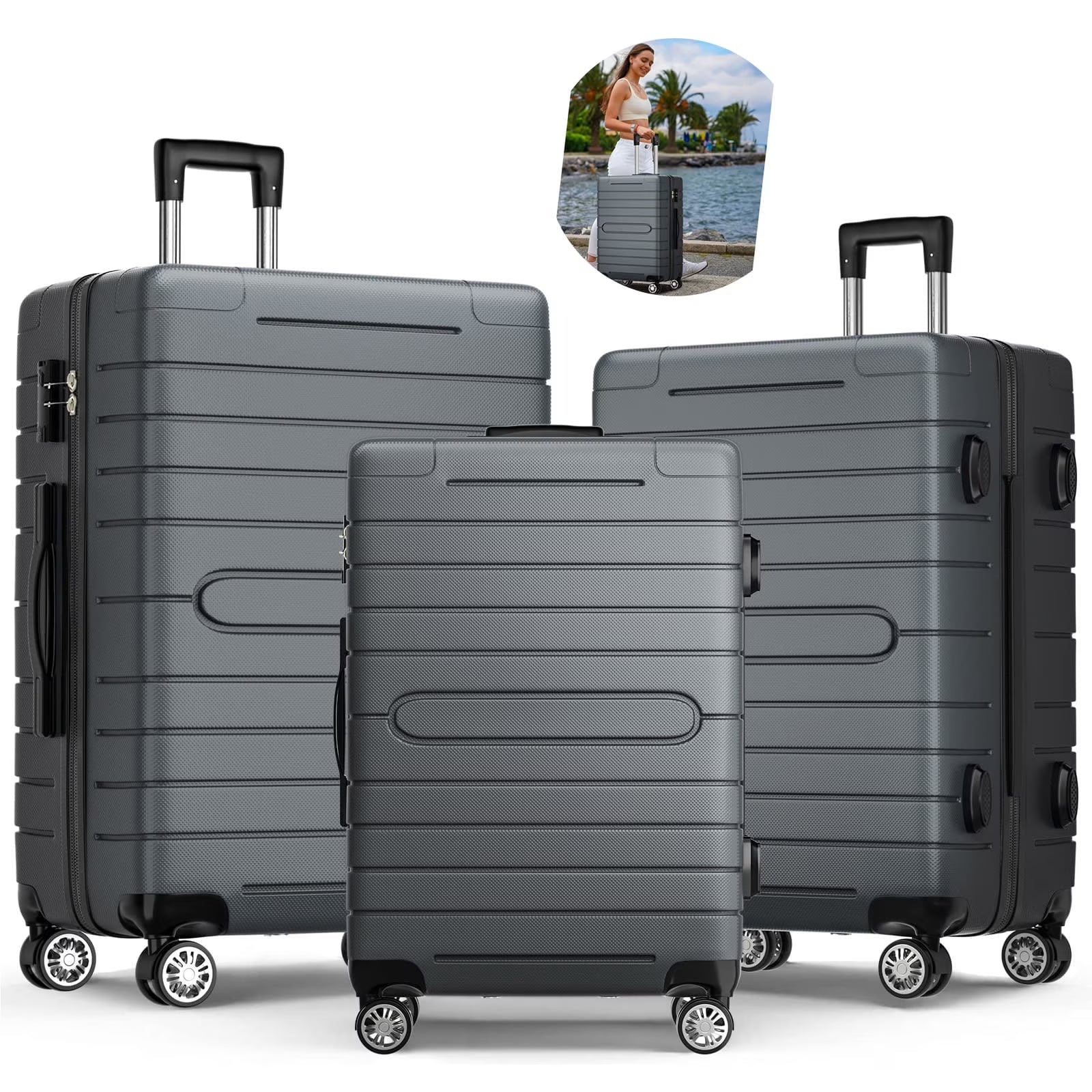 ALPULON 3 Piece Luggage Sets with TSA Locks, Hardside Suitcase Set with Spinner Wheels, 20in24in28in, Light Blue