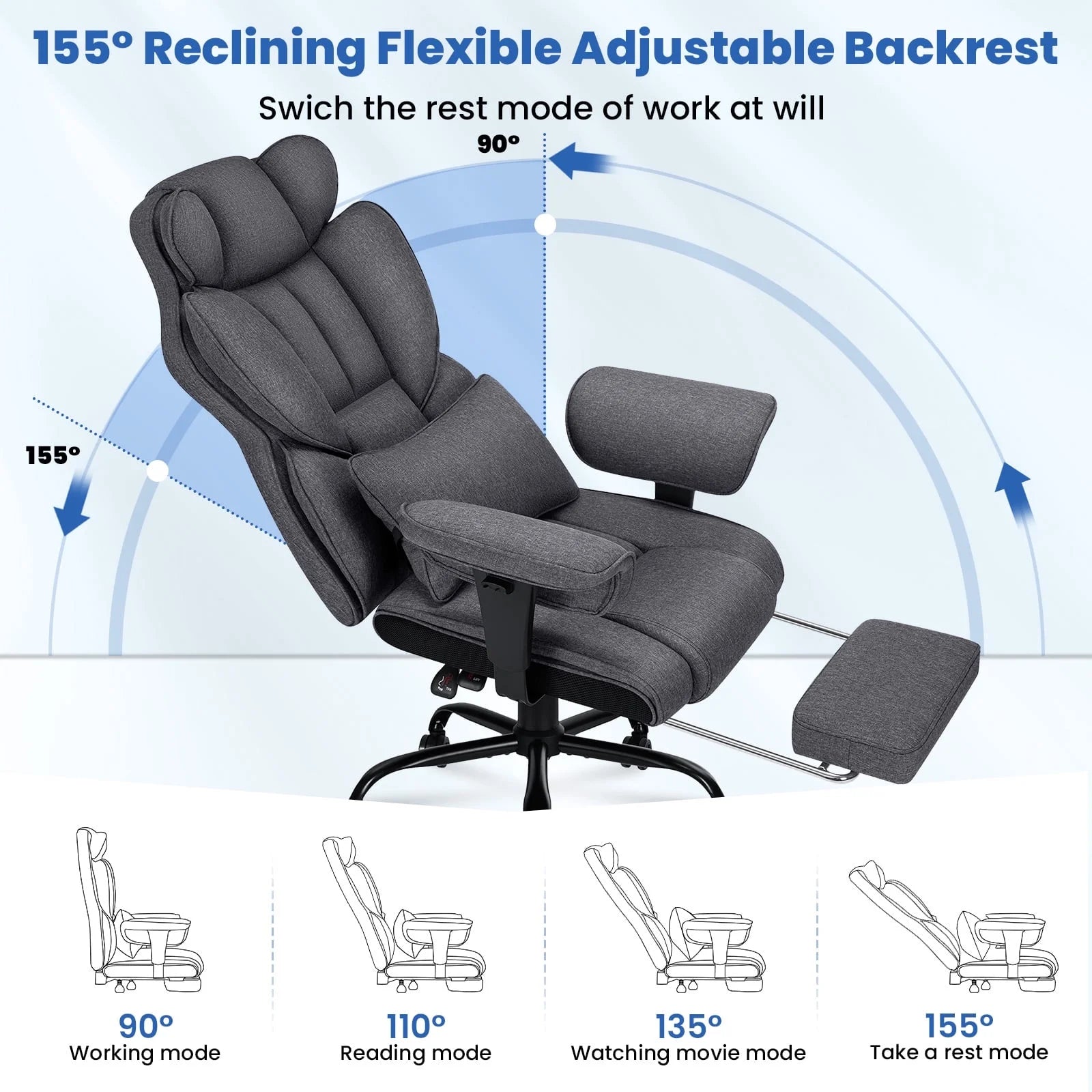 Hoffree Big and Tall Fabric Office Chair 450lbs, Executive Desk Chair with Massage Ergonomic Computer Chair with Footrest Reclining Desk Office Chair with Lumbar Support for Home Office