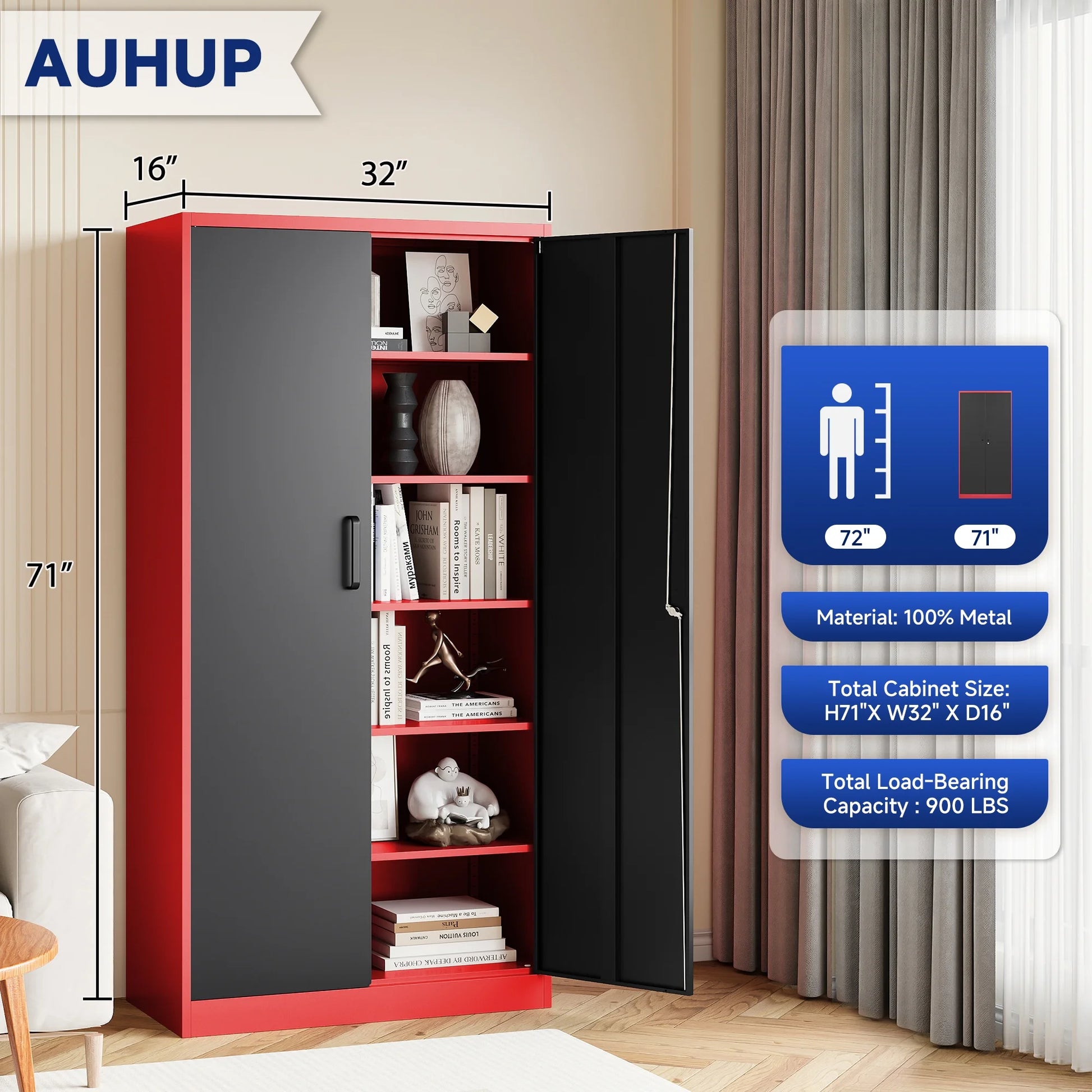 AUHUP 71" Metal Cabinet with Locking Doors and 5 Adjustable Shelves, Red Black Garage Storage Cabinet for Warehouse, Basement, Home Office, Tool File Storage Utility Cabinets