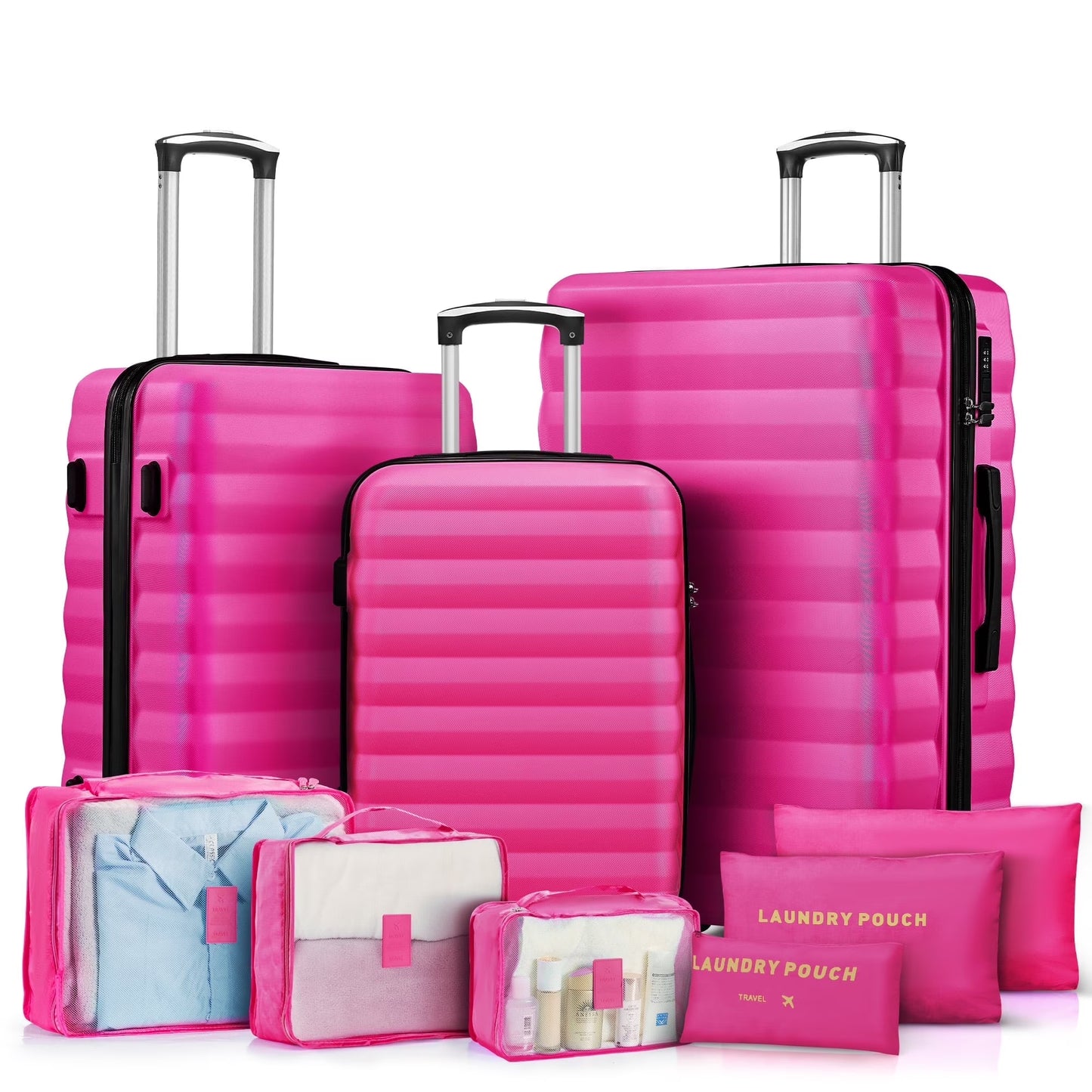 3 Piece Luggage Sets with 6 PC Organize Bags Lightweight Suitcases with Spinner Wheels, Pink