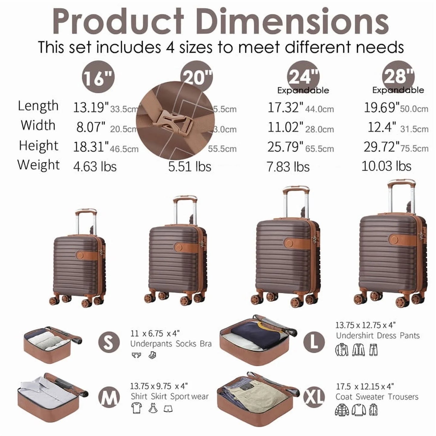 EBQOSK 4PCS Carry On Expandable Luggage Set with 4 Packing Cubes, 16/24/26/28 Inch Three-layer ABS Composite Suitcases with TSA Lock & 360° Spinner Wheels for Family Travel, Expand 25% Space Brown