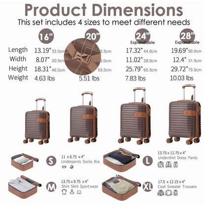 EBQOSK 4PCS Carry On Expandable Luggage Set with 4 Packing Cubes, 16/24/26/28 Inch Three-layer ABS Composite Suitcases with TSA Lock & 360° Spinner Wheels for Family Travel, Expand 25% Space Brown