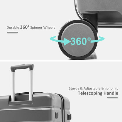 EUROCO 5 Piece Luggage Sets,ABS Hardside Carry On Suitcase with TSA Lock, Side hooks,4 360° Spinner Wheels,Expandable Duffel Bag & Foldable Backpack,20"/24"/28",Grey