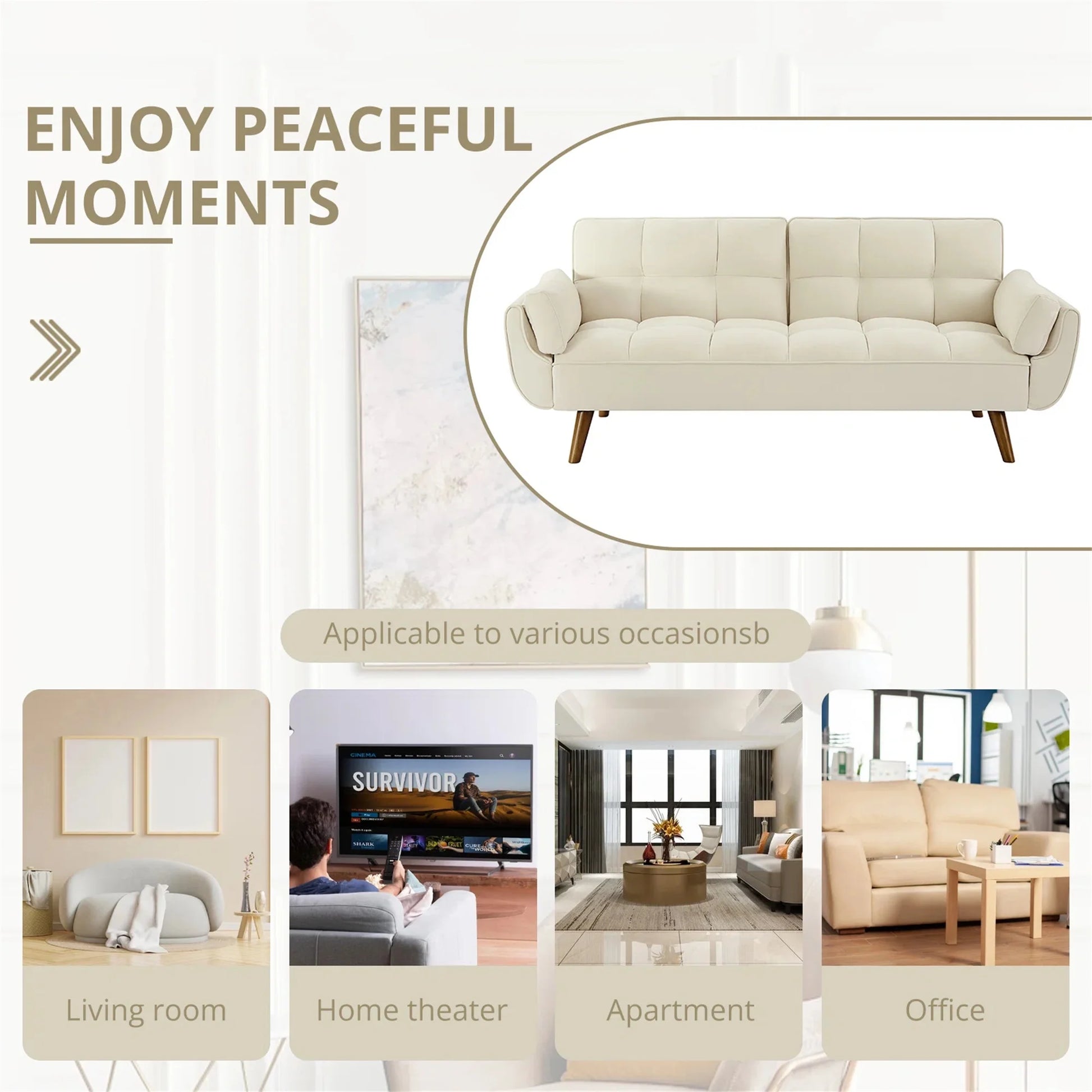 Aukfa 75" Flared Arm Futon Convertible Sofa Bed, Linen Sleeper Couch for Home Office, Beige
