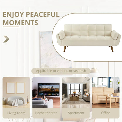 Aukfa 75" Flared Arm Futon Convertible Sofa Bed, Linen Sleeper Couch for Home Office, Beige