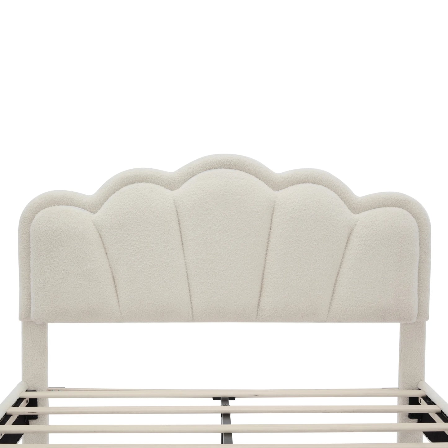 Euroco Upholstery Full Size Platform Bed with Flower-Shaped Headboard and LED Light for Kids Bedroom, Beige