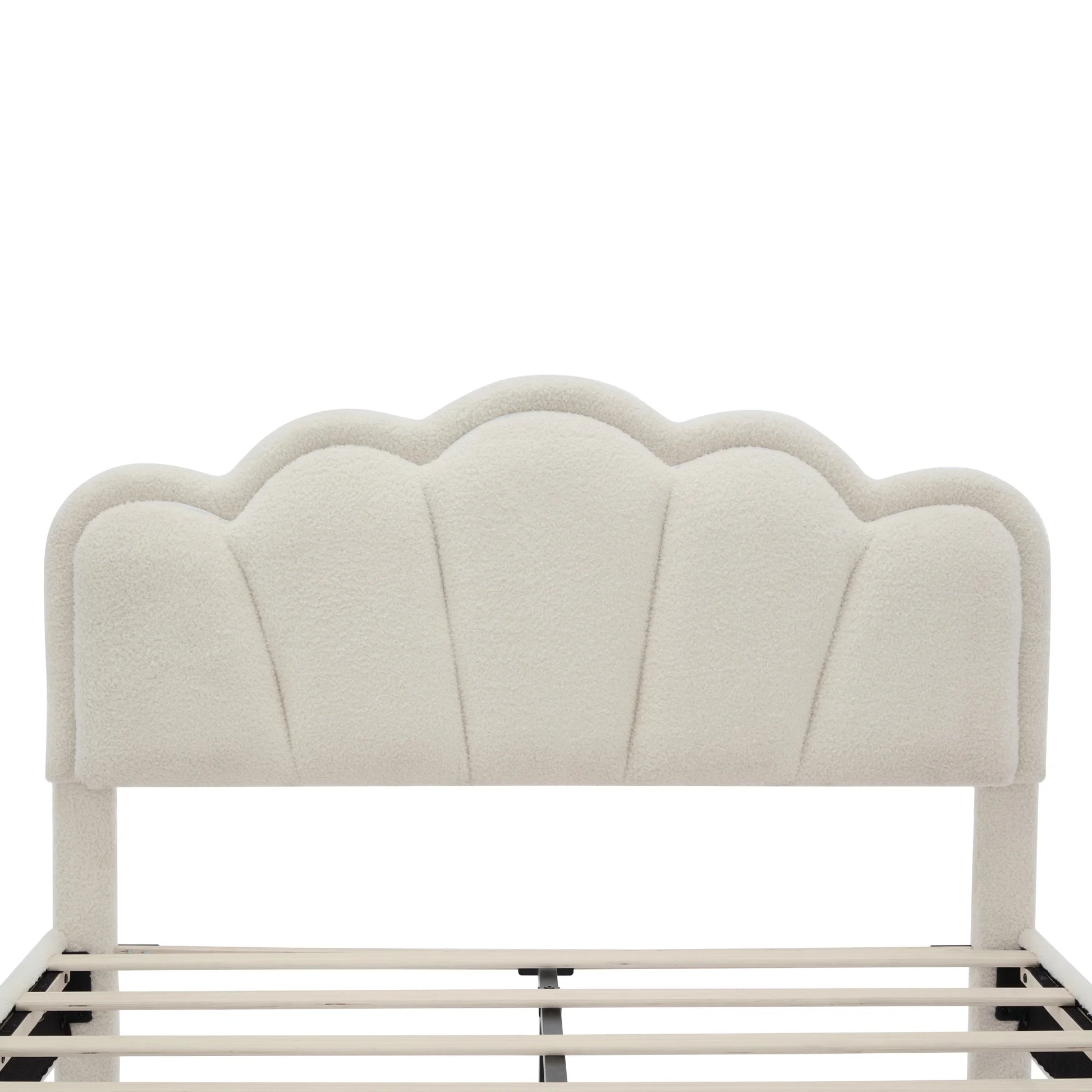 Euroco Upholstery Full Size Platform Bed with Flower-Shaped Headboard and LED Light for Kids Bedroom, Beige