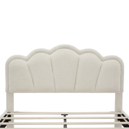 Euroco Upholstery Full Size Platform Bed with Flower-Shaped Headboard and LED Light for Kids Bedroom, Beige