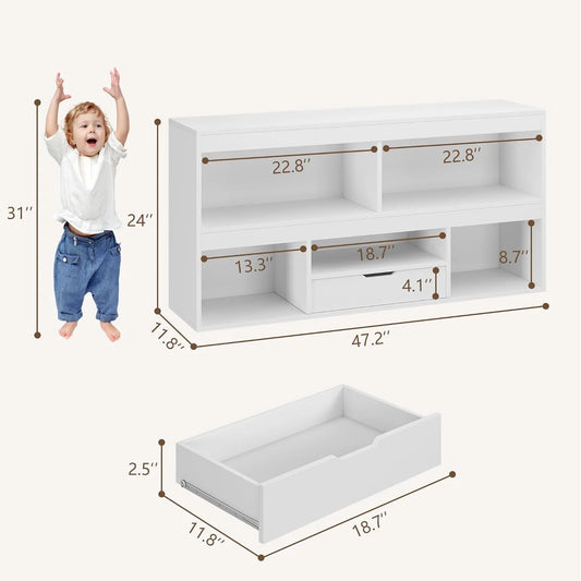 IdealHouse 5-Cube Kids Storage Organizer with Drawer, Wooden Toy Storage Cabinet for Playroom, Nursery, Classroom - White Wood Finish