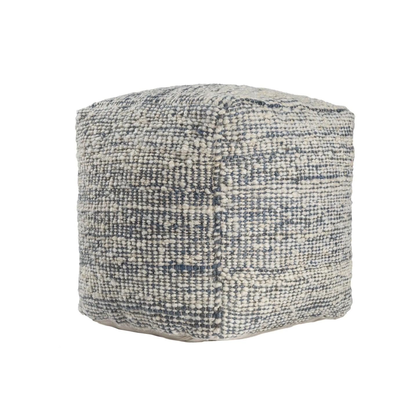 Ox Bay Shiela Square Ivory/Blue Distressed Indoor Pouf Ottoman, 18"H x 18"W