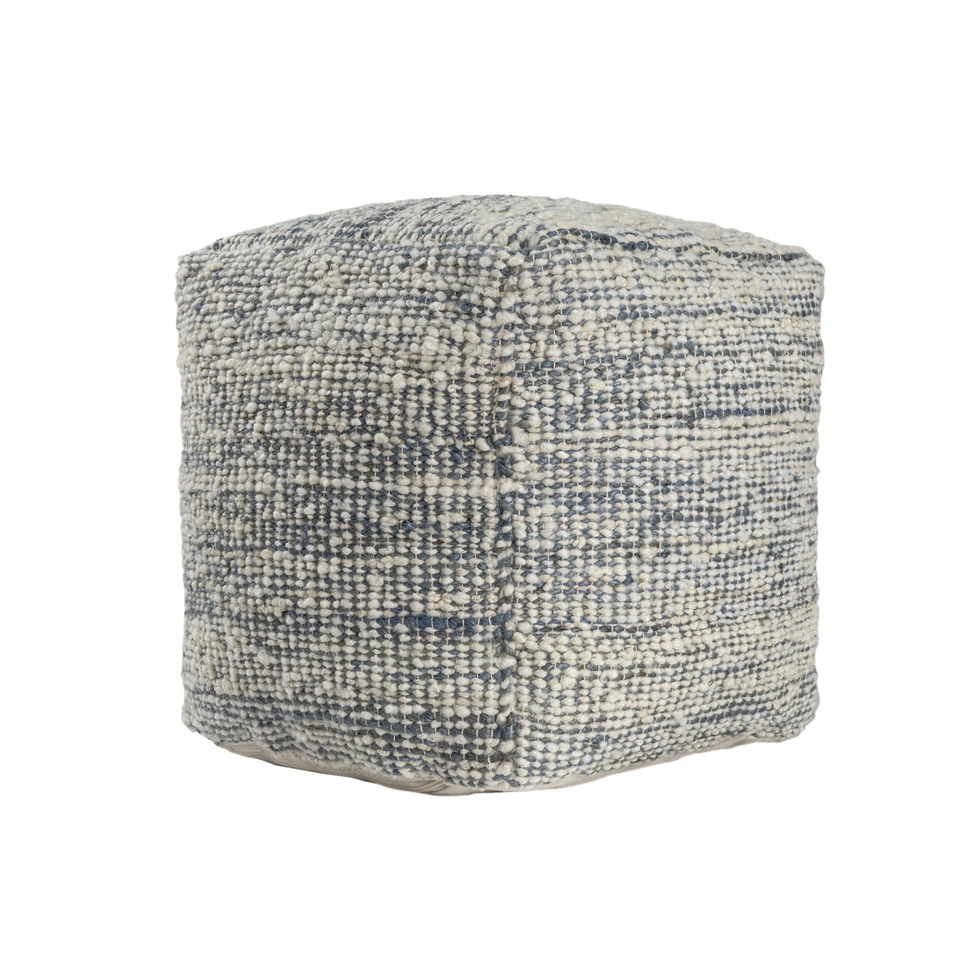 Ox Bay Shiela Square Ivory/Blue Distressed Indoor Pouf Ottoman, 18"H x 18"W