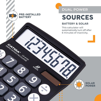 CATIGA CD-8185 Calculator Large LCD & Buttons 8 Digit Dual Power Home Office School (Black)