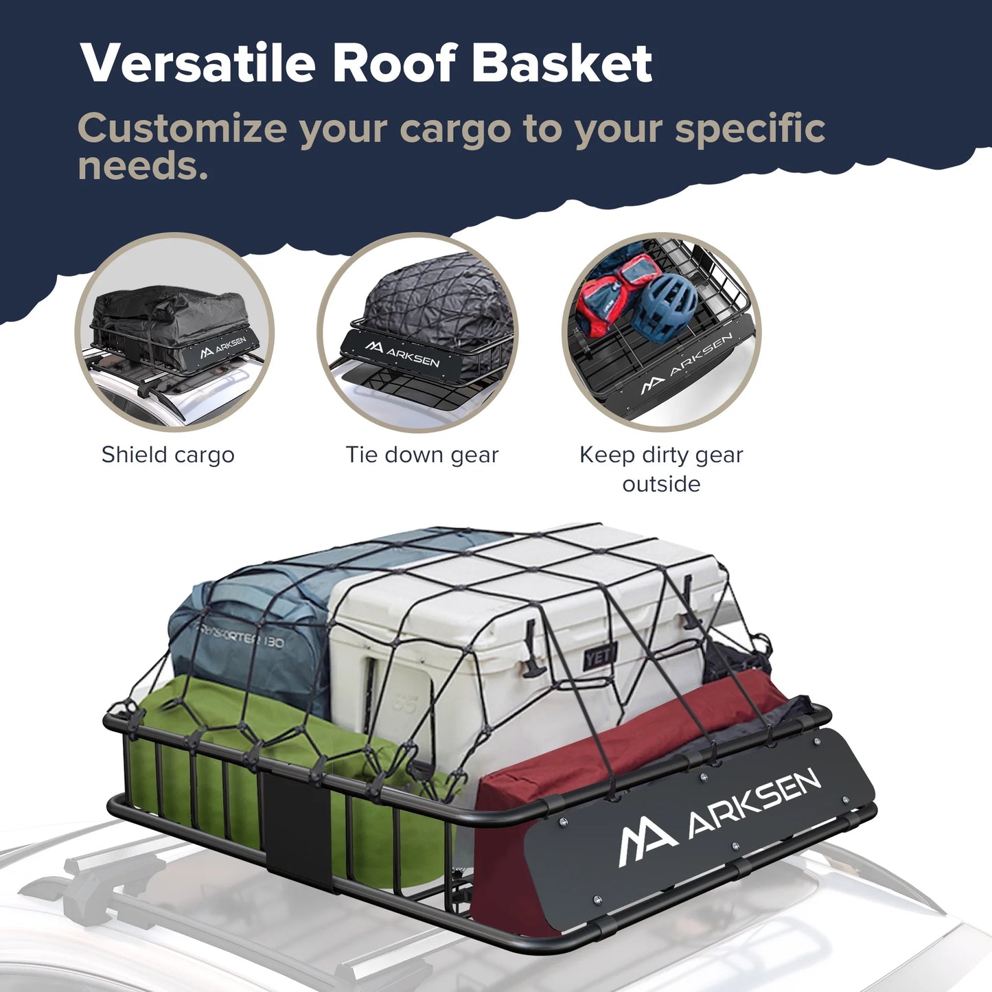 ARKSEN 43 x 39 x 6 inch Heavy Duty Roof Rack Cargo Carrier w/500D PVC Waterproof Cargo Bag, Universal Steel Roof Basket with Extension, 150 LBS Capacity Car Top Luggage Holder for SUV, Truck, Pickup