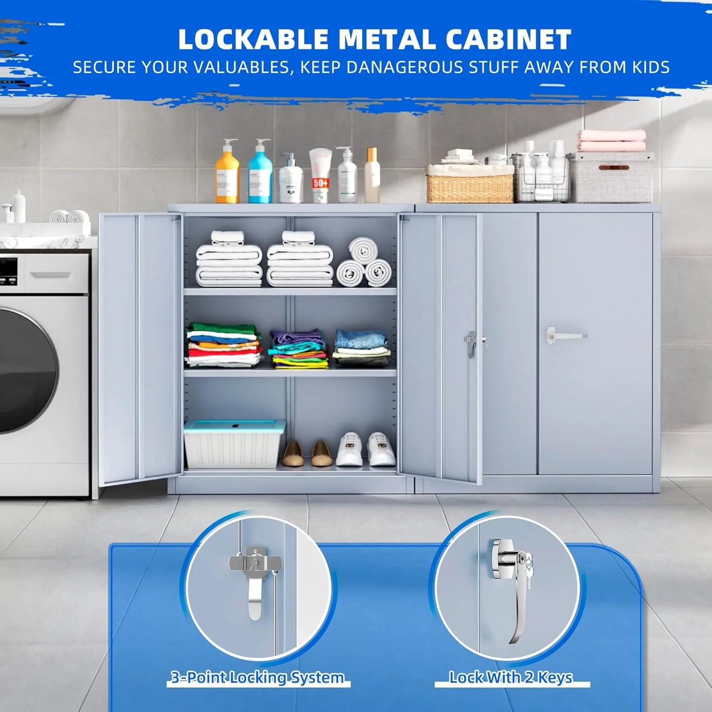 Superday Locking Metal Storage Cabinet with 2 Drawers, Lockable Garage Storage Cabinet with Locking Doors and Adjustable Shelves, Tool Cabinets for Home Office, School, Etc