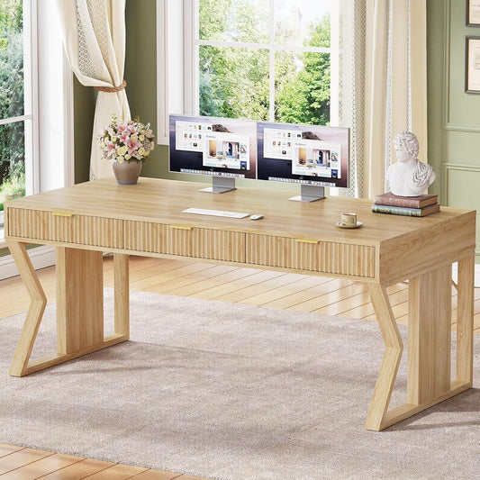 SEDETA 55" Executive Office Desk with 3 Drawers, Home Office Desk with Storage Drawers, Computer Writing Desk Study Table, Natural Oak