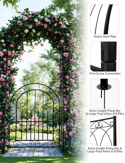 Accreate Easy Assemble 8FT Tall Garden Arch - No Tools Needed Steel Arbor with Gate, Includes Ground Stakes | Rust-Resistant Trellis for Wedding Backdrops & Climbing Plants