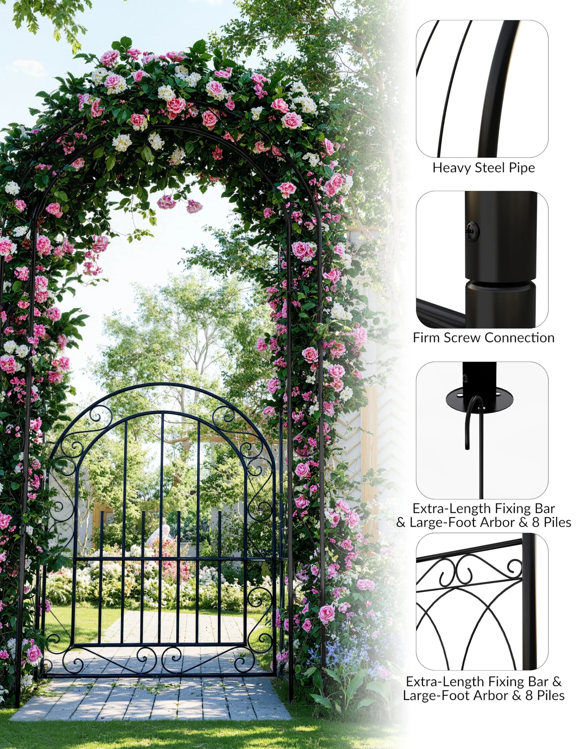 Luku 8FT Black Garden Arch, Heavy Duty Metal Garden Arbors with Trellis for Climbing Plants, Flowers & Vines, Rustproof Outdoor Arbor for Weddings, Parties,Decor, Easy to Assemble