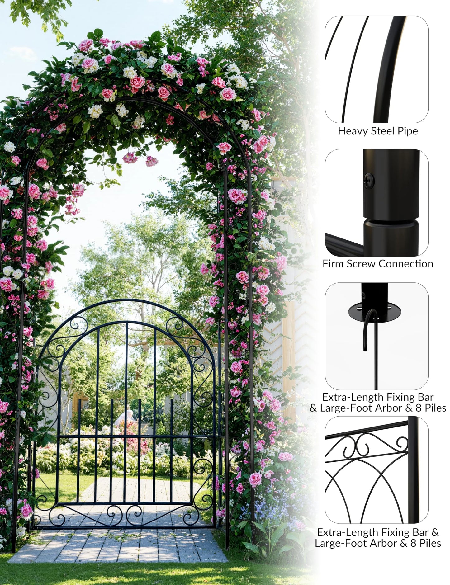 Luku 8FT Black Garden Arch, Heavy Duty Metal Garden Arbors with Trellis for Climbing Plants, Flowers & Vines, Rustproof Outdoor Arbor for Weddings, Parties,Decor, Easy to Assemble